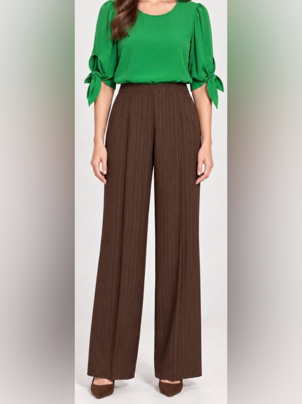 Tailored Wide-Leg Pinstripe Pants in Brown